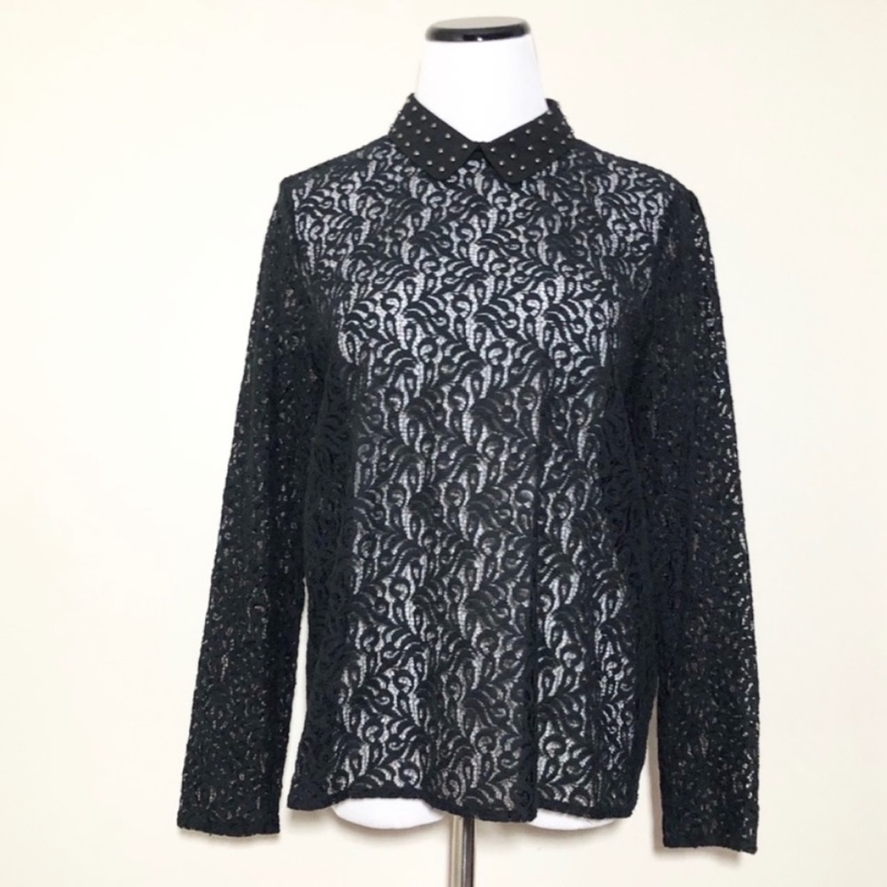 The Kooples Black Lace Long-Sleeve Blouse with Studded Collar